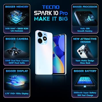 Tecno Mobile Spark 10 Pro Smartphone (Android, Dual SIM, 2460 x 1080 Pixel Display, 8GB RAM, 128GB Memory, Octa-Core, 50MP Dual Camera) Pearl White
