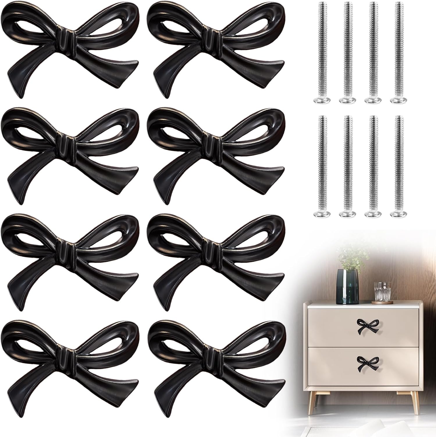 Black Bow Storage Cabinet Knobs Vintage Bow Shape Drawer Pulls with Screws Bow Tie Dresser Knobs Bow Shaped Drawer Cupboard Pulls Suitable for Wardrobe Drawers Storage Cabinets Bookcases (8Pcs-Black)