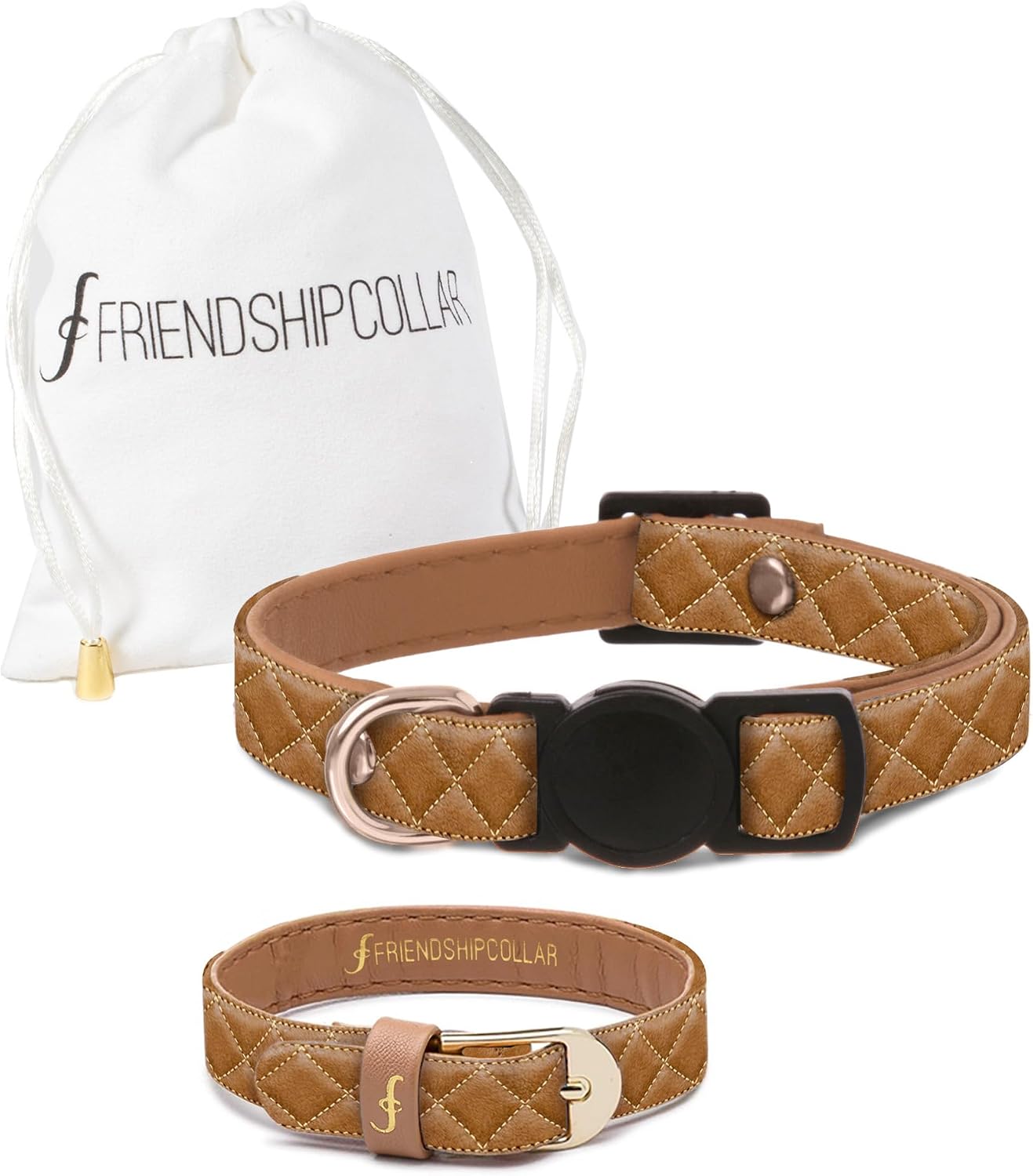 FriendshipCollar QUILTED CLASSIC - COGNAC CAT COLLAR | Matching Cat Collar and Bracelet Set for Owner & Pet | Friendship Jewelry Set for Cat Mom and Cat | Cute Coordinated Pet Accessories | Gift for Cat Lovers | Vegan Leather