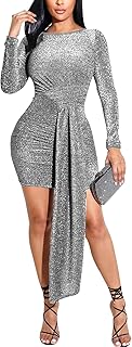 Women's Casual Round Neck Long Sleeve Night Club Party Sexy Sparkly Bodycon Wrap Mini Dress - Buy now