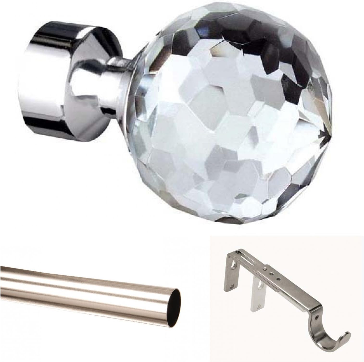 ABC Decor EYELET Curtain pole 125cm 28mm CRYSTAL FINIAL Trade Packed Satin Steel (no rings)