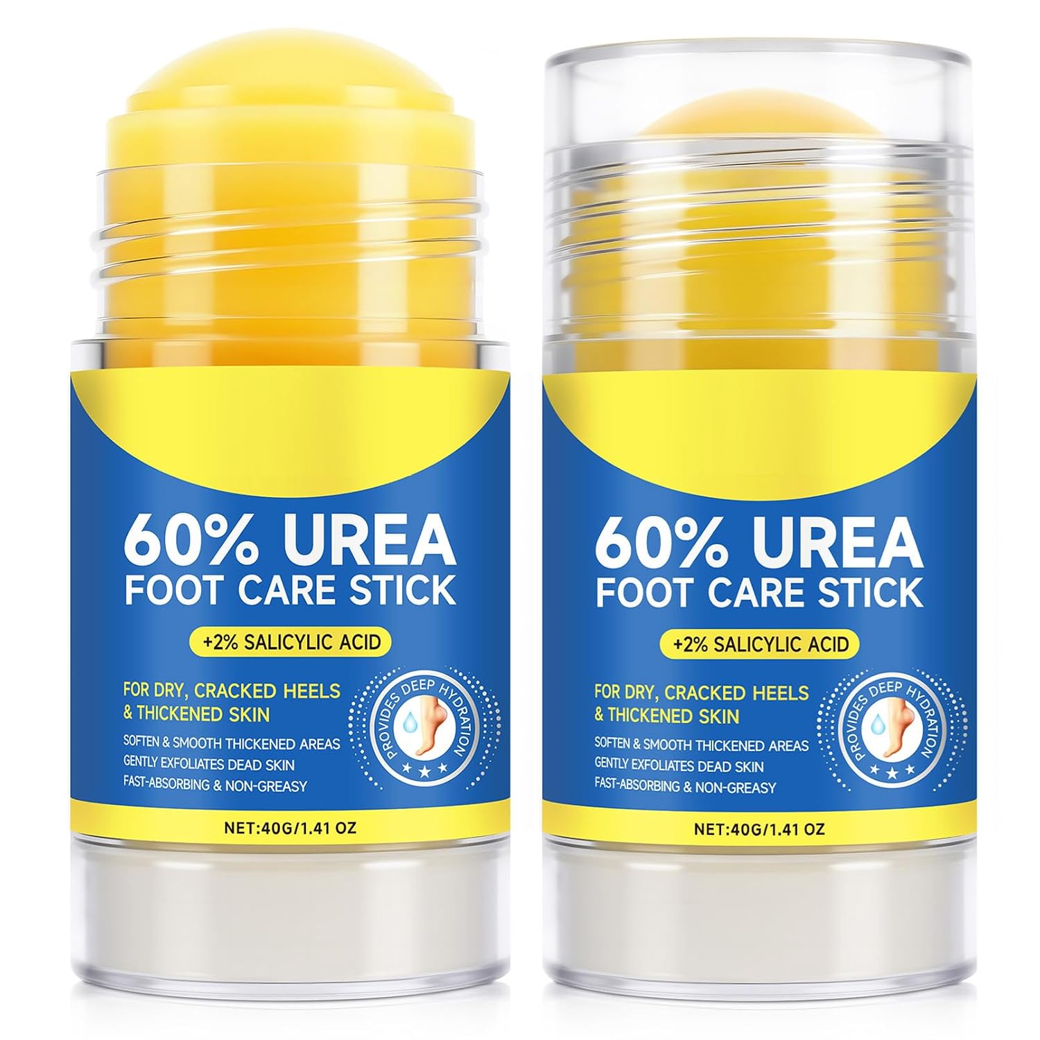 60% Urea Foot Care Stick with 2% Salicylic Acid Aloe Vera coconut tea tree oil, Foot Callus Dead Hard Skin Remover, Moisturizing, Repairing Rough, Dry, Cracked Feet, Heels, Elbows, Knees & Hands 2PCS