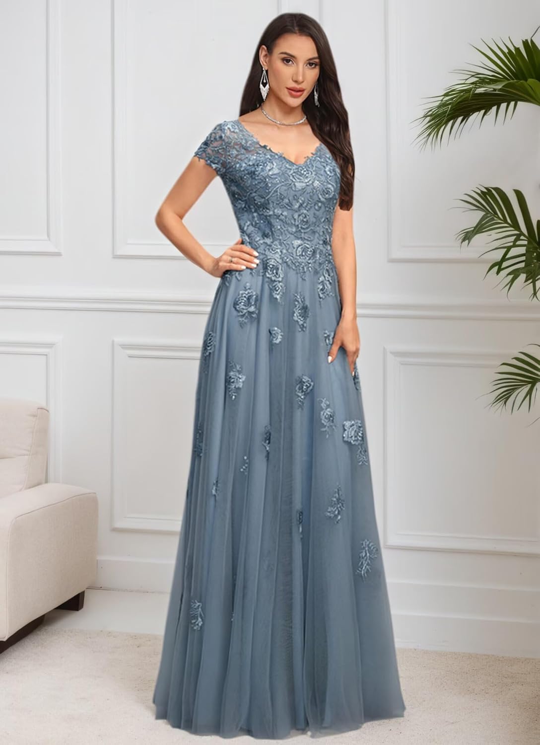 Mother of The Bride Dresses Sleeve Laces Applique V Neck Evening Gowns Cap Sleeves Grandmother of The Groom Dress - Image 3