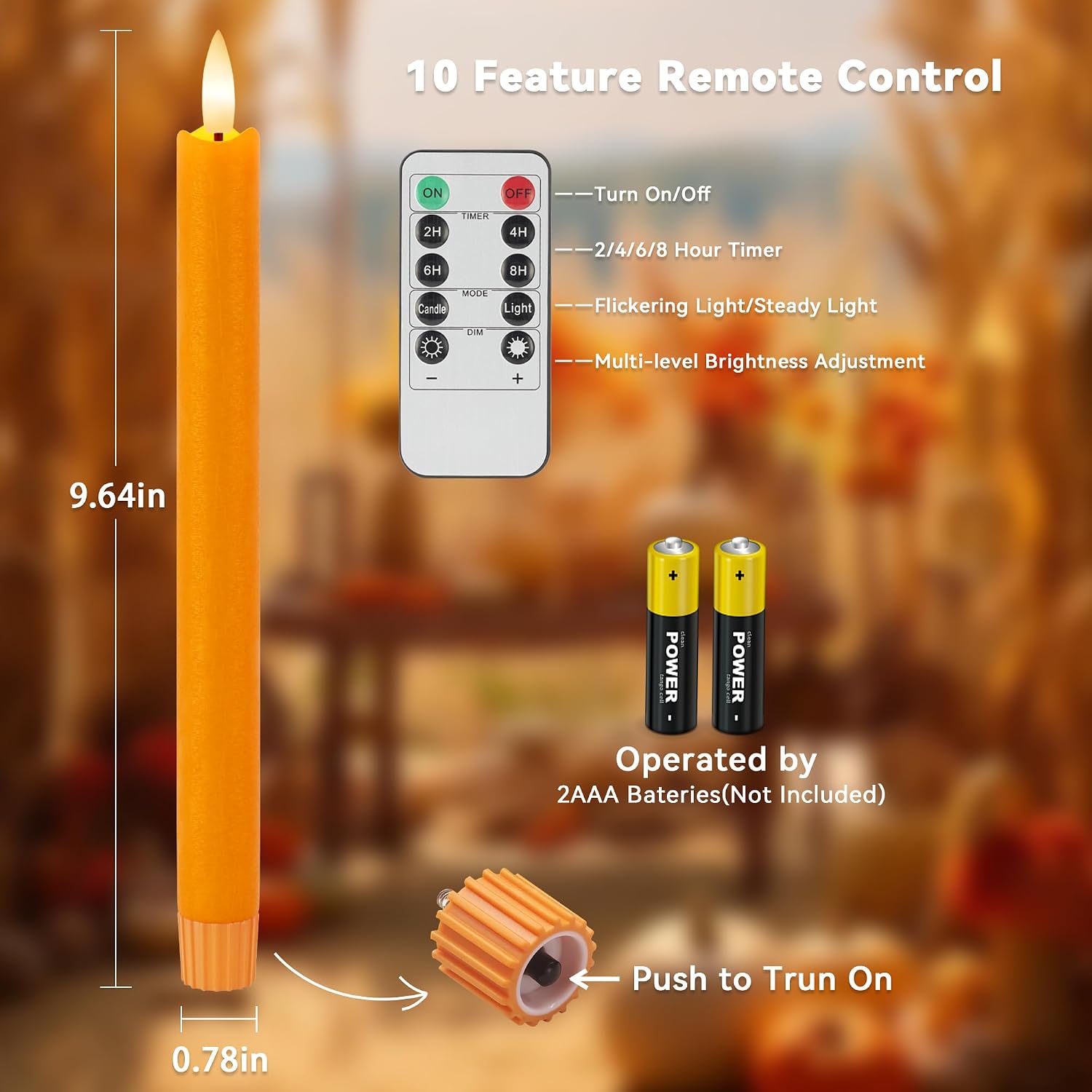 6 Pack Orange Flameless Taper Candles with Remote&Timer, Thanksgiving Battery Operated Candles with Flickering Wick, Fall Candlestick Harvest and Thanksgiving for Home Decor