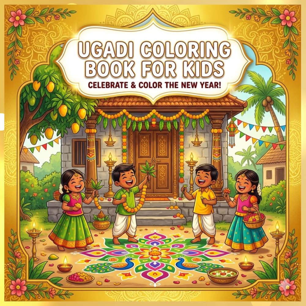 Ugadi Coloring Book for Kids: Fun and Easy Ugadi Festival Coloring Pages with Rangoli, Pooja, Mango Decorations, and Happy Celebration Scenes for Kids Ages 4–8