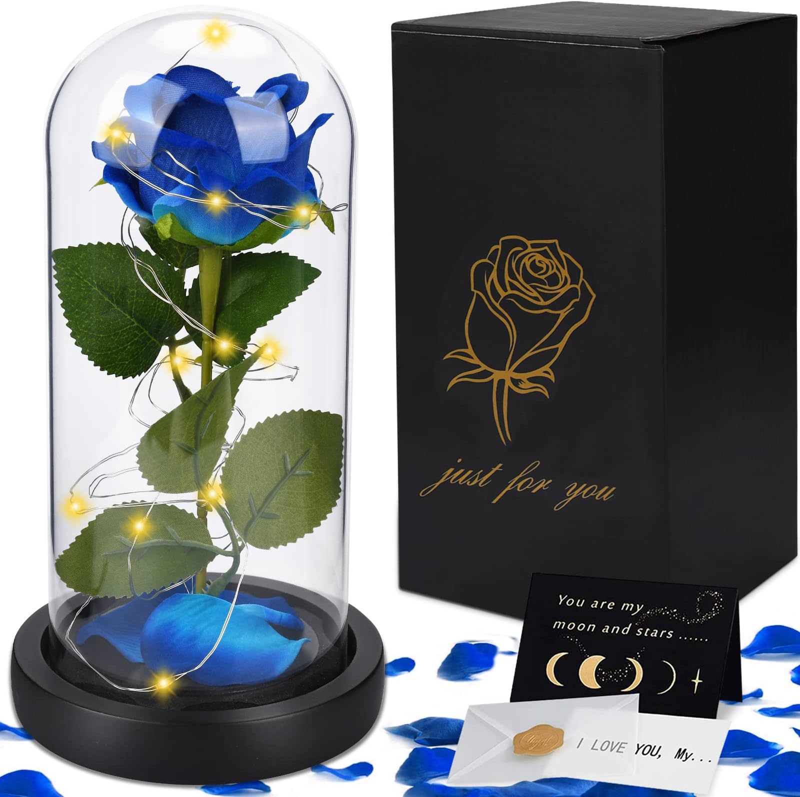 Rose éternelle Sous Cloche LED - La Belle Et La Bête - Base Bois, Lumière Blanche - Décoration Romantique