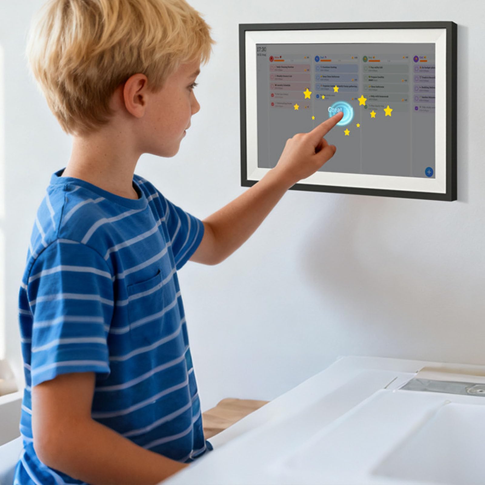 Jectse 18,5-Zoll-Digitalkalender-Arbeitsdiagramm, WiFi-APP-Steuerung, Intelligenter Touchscreen-Wandplaner mit Synchronisierten Familienplänen, Essensplänen, für die Organisation Im (EU-Stecker)