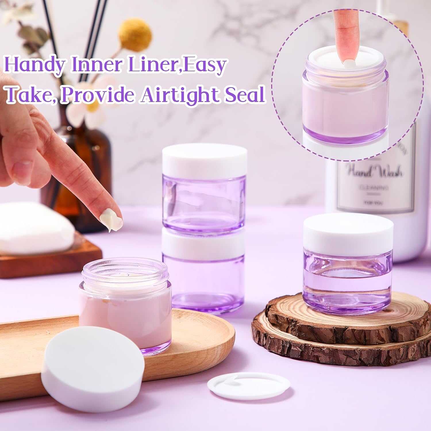Domensi 48 Pcs 2 oz Glass Jars with Lids Travel Size Round Leakproof Empty Cosmetic Jars with Inner Liners Lid for Storing Makeup Lotions Face Cream Ointments DIY Making (Light Purple)