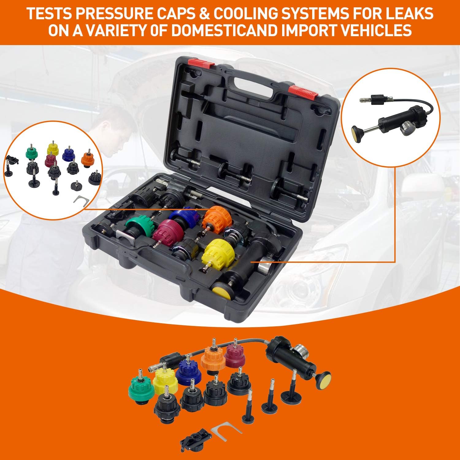 PONO 16 Pcs Radiator Coolant Pressure Tester Tool Kit, Cooling System Testing Tool, Vacuum Vehicle Universal Compatible with Most of Cars