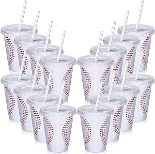 Ziliny 12 Pcs Baseball Party Plastic Cups with Straws and Lids Bulk