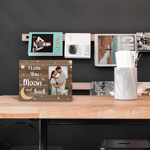 Miniatura 2 de FONDCANYON Marco de fotos con texto en inglés "I Love You To The Moon And Back", marcos de fotos para parejas, regalos de aniversario de boda de San