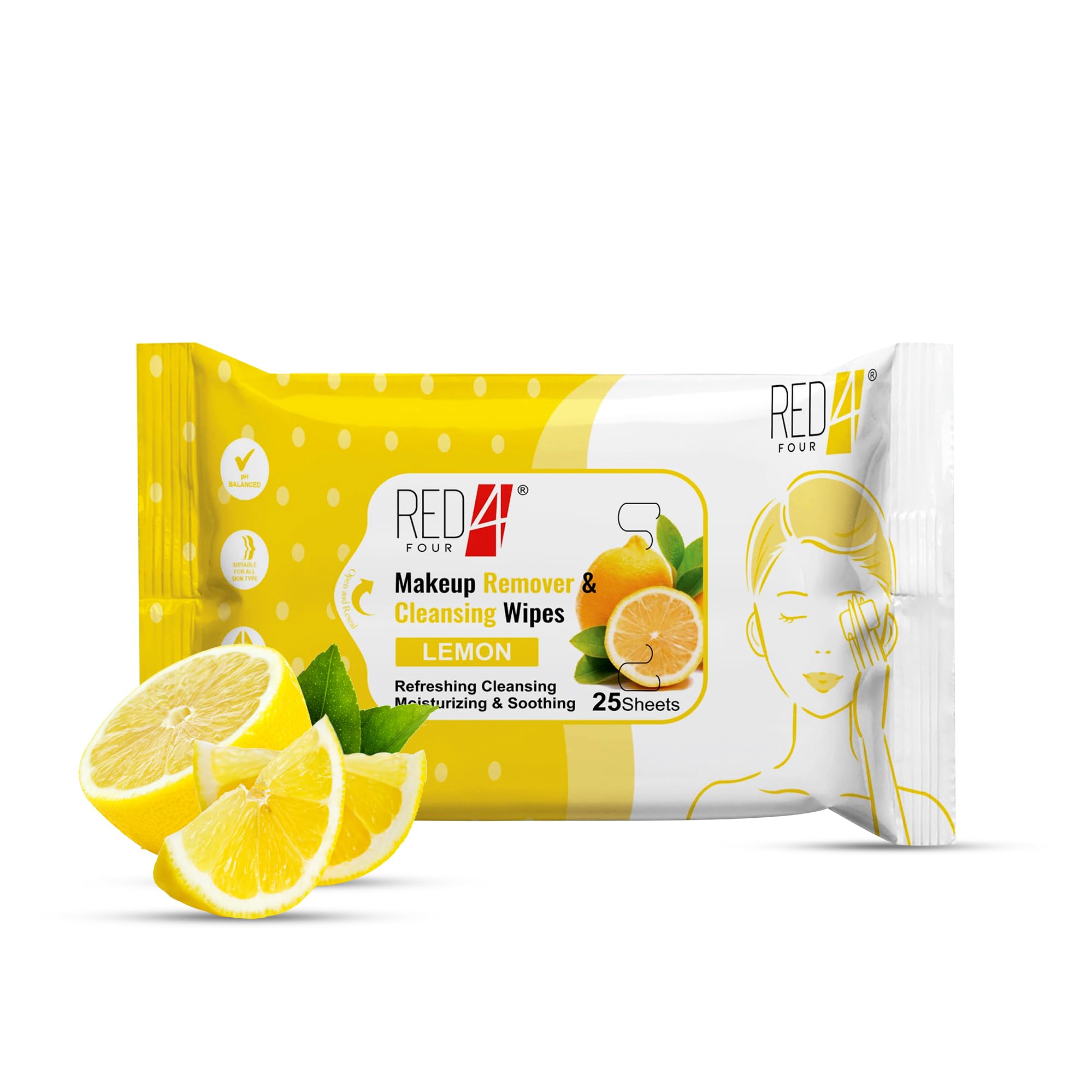 RED 4 Makeup Remover & Cleansing Wipes, pH Balanced, Paraben-Free, 25 Sheets, Suitable for All Skin Types (Pack of 1, Lemon)-image-35
