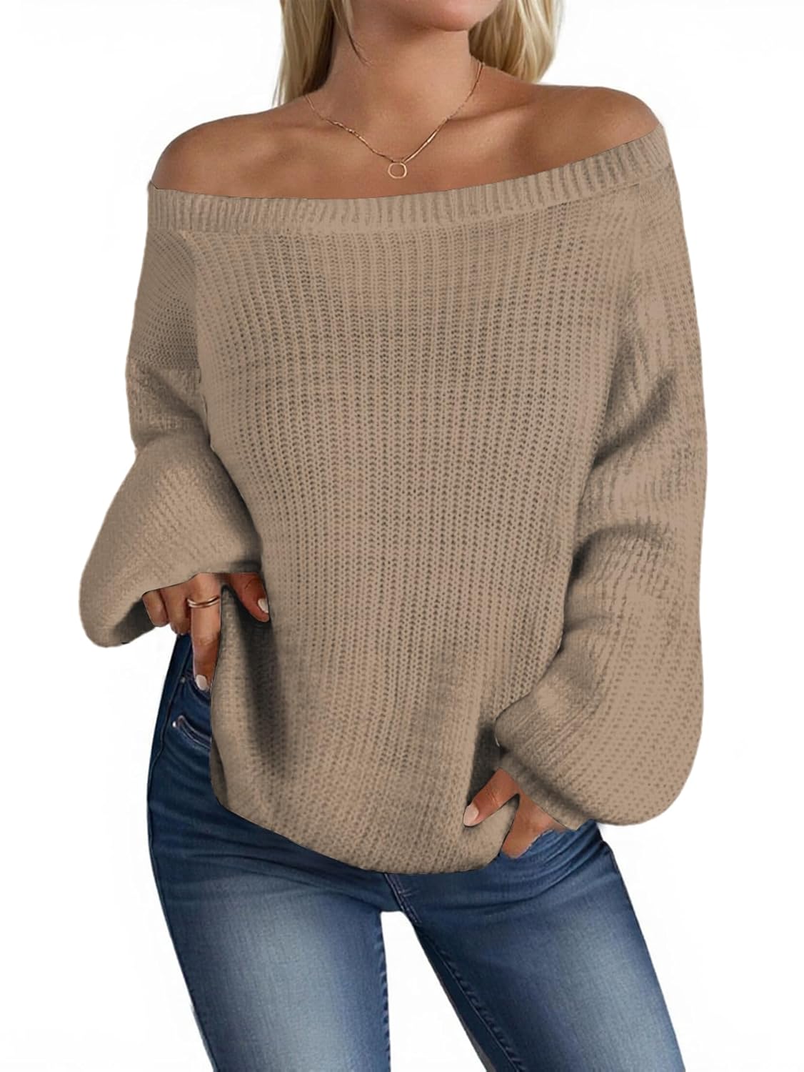 MARZXIN Womens 2026 Fall Long Sleeve Sweaters Casual Loose Striped Off Shoulder Casual Oversized Knitted Sweater Pullovers