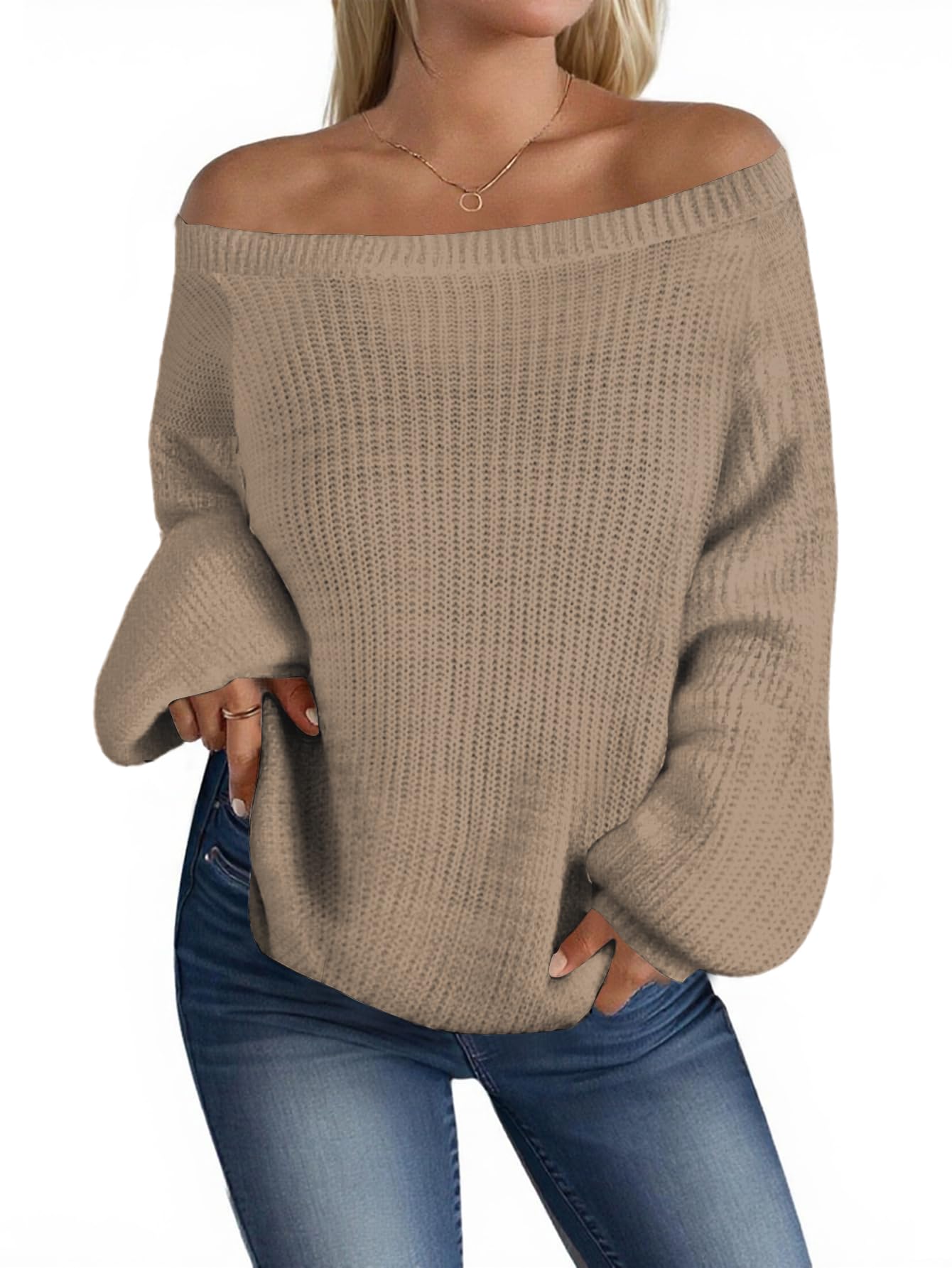 MARZXIN Womens 2026 Fall Long Sleeve Sweaters Casual Loose Striped Off Shoulder Casual Oversized Knitted Sweater Pullovers