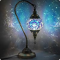 Yarra-Decor Handmade Turkish Moroccan Tiffany Mosaic Glass Bedside Lamp - Bronze Base, Swan Neck, 3 Color LED Options