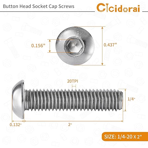 Miniatura 10 de Tornillos de cabeza de botón de 14-20 x 1, acero inoxidable 304 18-8, unidad de enchufe Allen, acabado brillante, roscas de máquina completa,