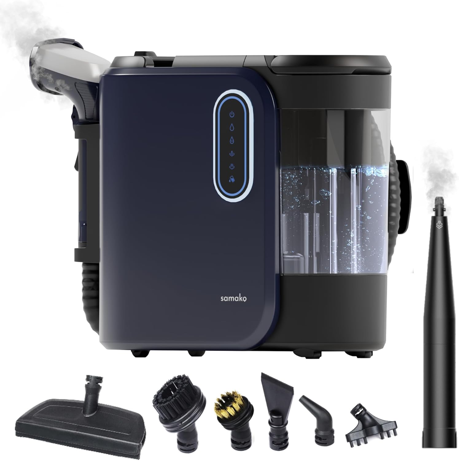 SAMAKO PowerClean Pro Waschsauger Polsterreiniger mit Dampf – Teppichreiniger für Sofa, Teppich, Polster & Autositze – Doppeltank-System, 8 Aufsätze, Blau