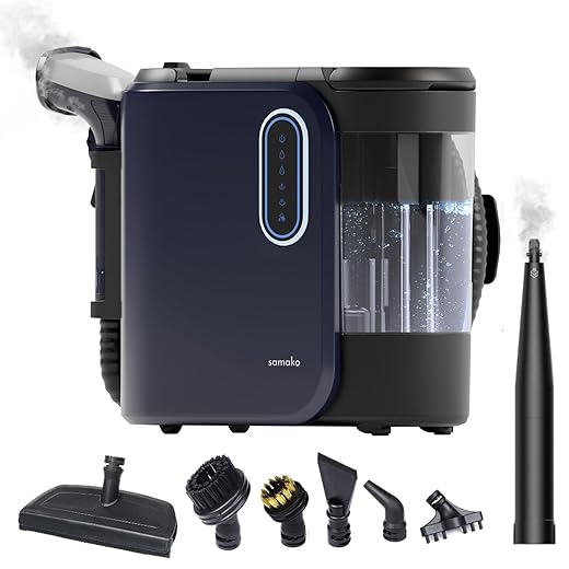 SAMAKO PowerClean Pro Meubelreiniger met stoomfunctie en HEPA-filter, dieptereiniging voor tapijten, bekleding en banken, grote watertanks en 8 opzetstukken met PrecisionClean-technologie, blauw