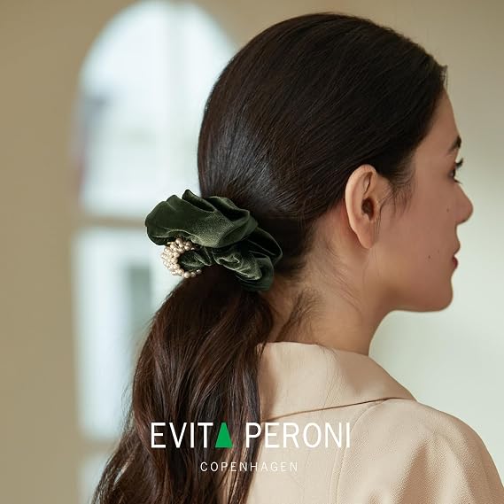 EVITA PERONI Hair Scrunchies for Women, Velvet Hair Scrunchies with Pearls, Hair Ties Ponytail Holders, Soft Hair Bands for Women Girls Mothers Day (Green)