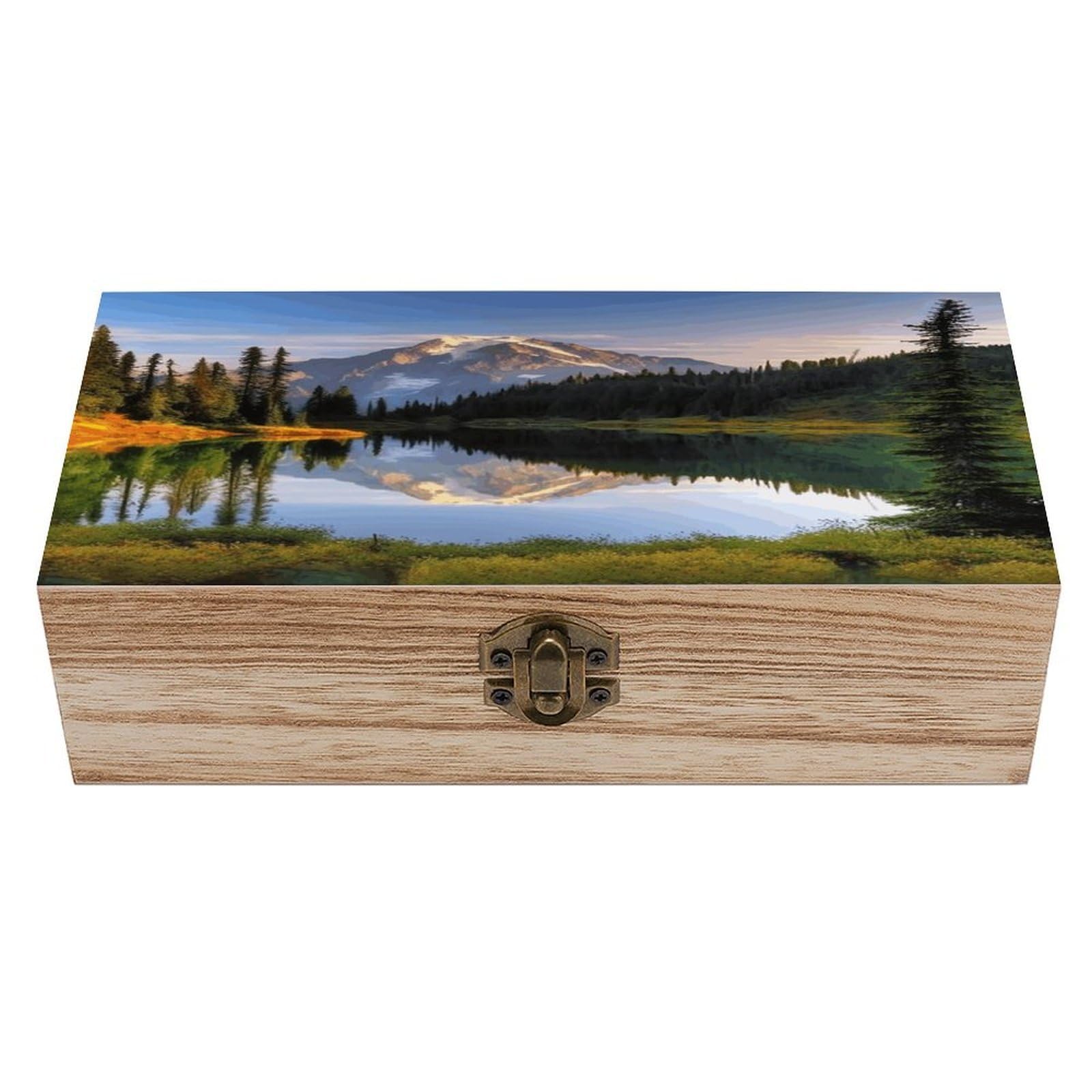 JTREHY Mountain And Lake Pictures Wooden Keepsake Box Vintage-Style Wood Keepsake Case with Hinged Lid Solid Wood Boxes Beautifully Memory Treasure Case Vintage-Style Wooden Storage Box
