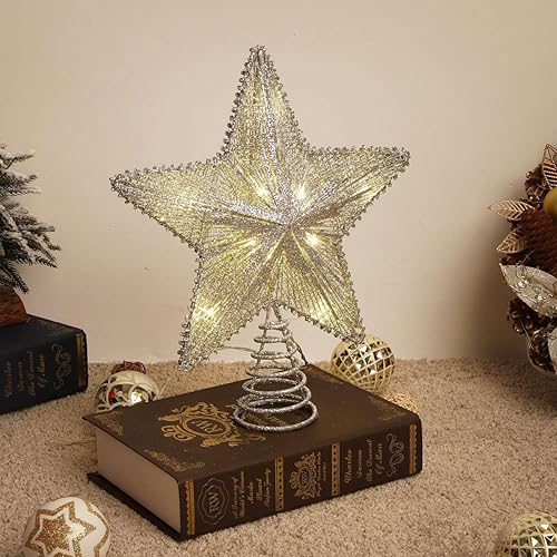 Miniatura 8 de Lewondr Decoración para árbol de Navidad, control remoto alimentado por USB, temporizador de 6 horas, estrella de árbol controlada con luces y Plata