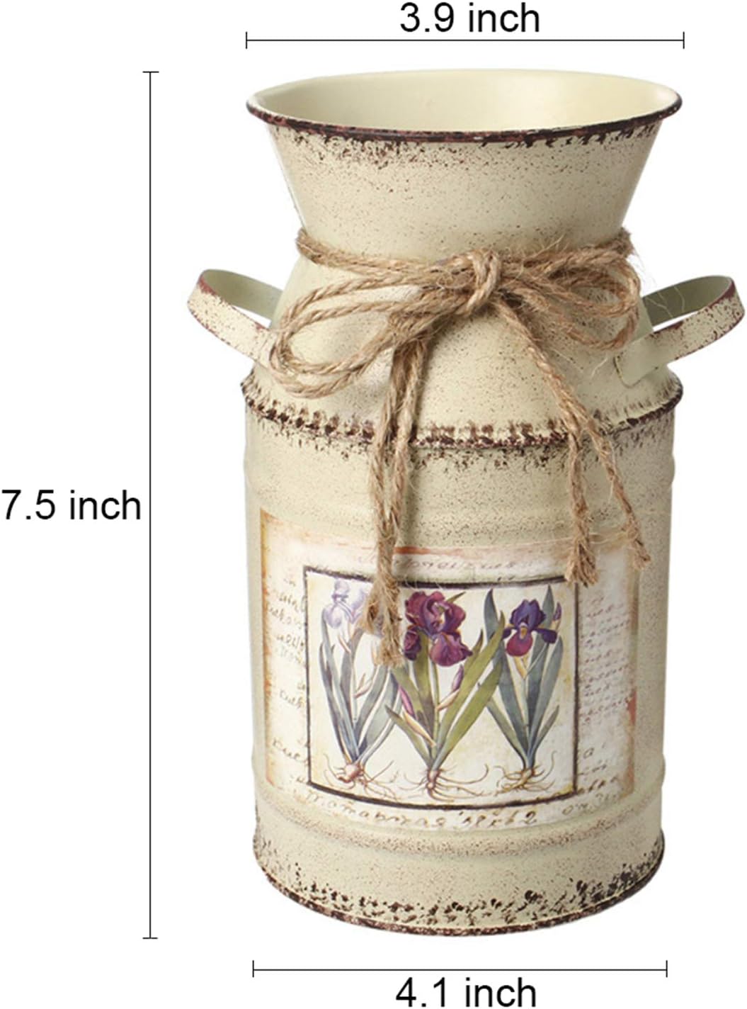 HIDERLYS 7.5" High Rustic Decorative Vase with Flower Pattern and Rope Design, Metal Milk Can Country Jug for Living Room, Bedroom, Kitchen (Beige)