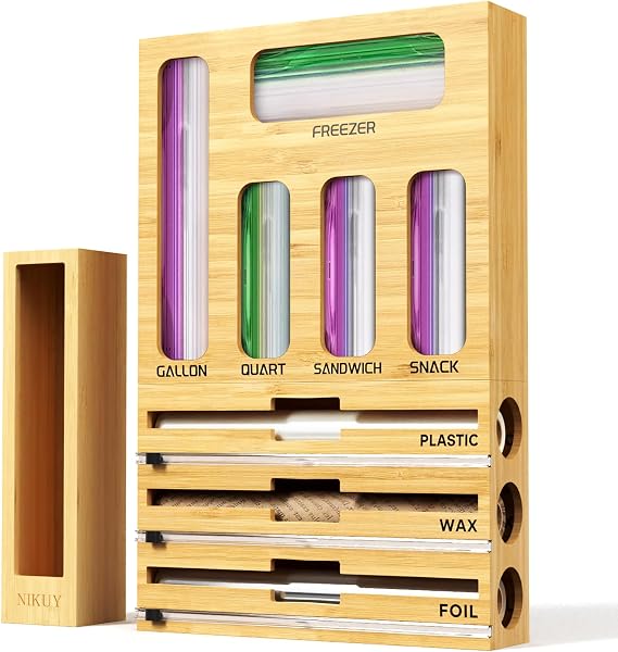 9 IN 1 Bamboo Foil and Plastic Wrap Organizer for Kitchen Drawer, Plastic Bag Organizer Organization and Storage, Food Storage Bag Organizer with Labels for Quart Gallon Snack Sandwich Bag