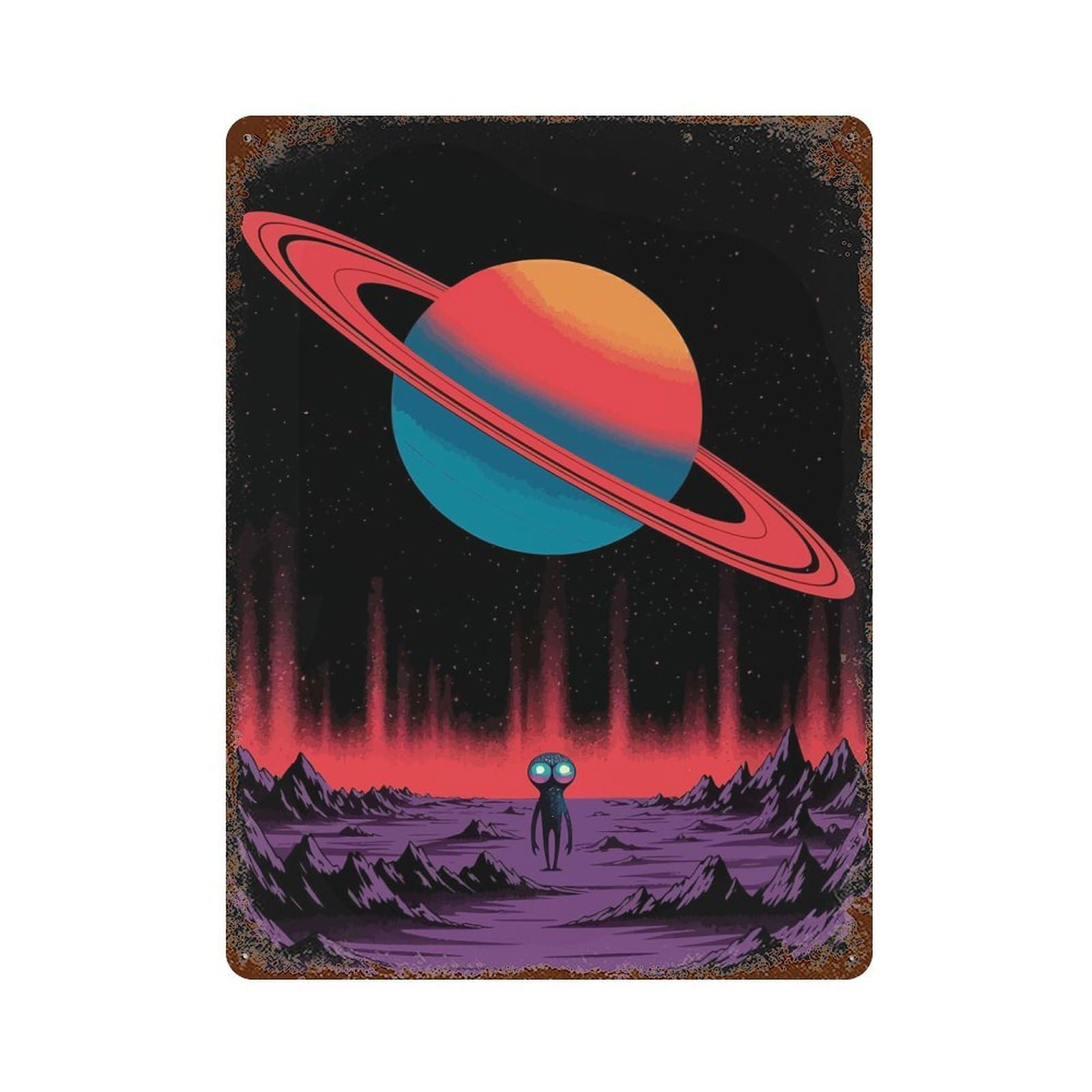 Alien on A Purple Planet Aged Metal Wall Plaque 15.7"x11.8", Industrial Home Decor for Pub, Kitchen And Man Cave Decor
