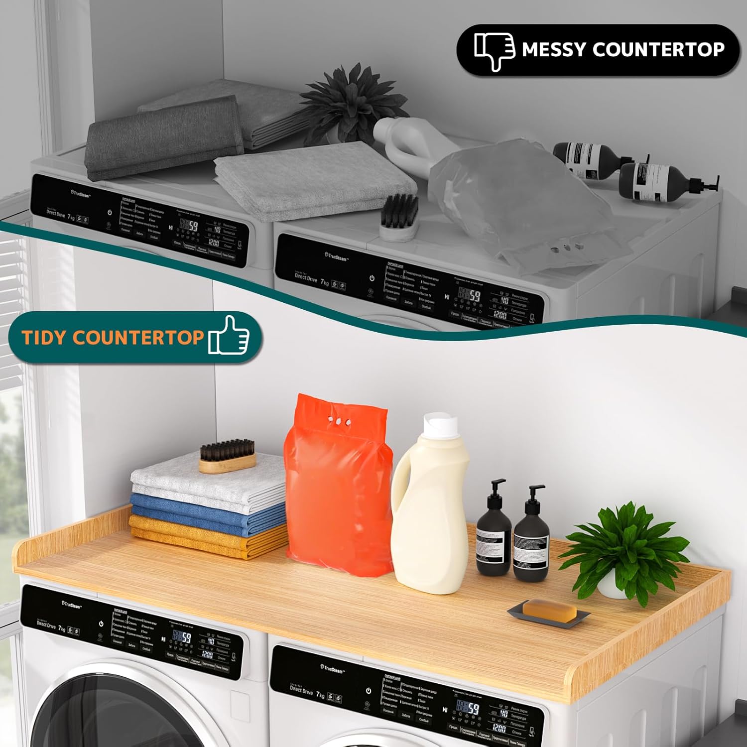 Washer Dryer Countertop 54''W x 27.5" D - Wood Laundry Countertop with Edge Rails, Space-Saving Washer Dryer Topper, Light Wood