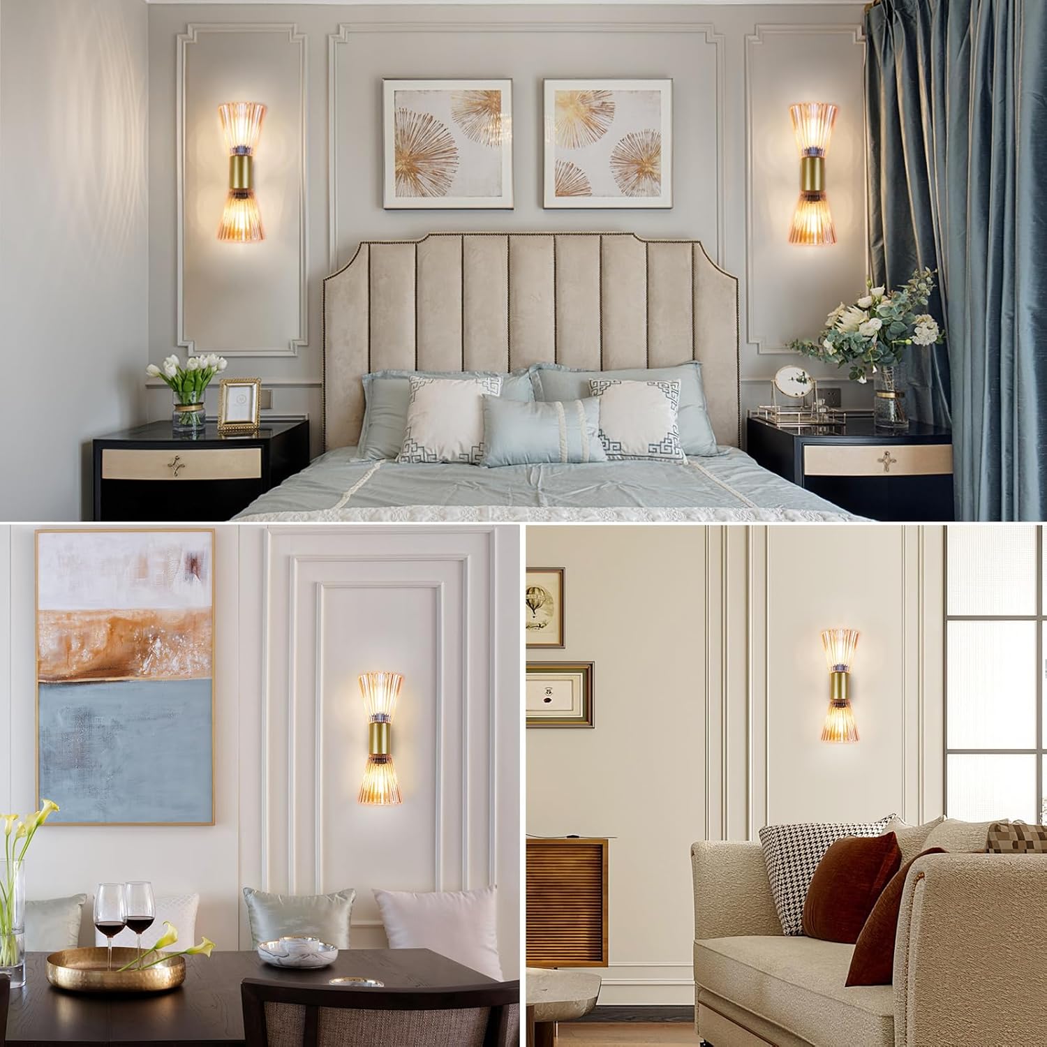 Gold Modern Crystal Wall Sconces Set of Two – Vintage Style Wall Lamps for Bedroom, Living Room, Bathroom, Hallway – Warm Light with 4W LED Bulbs – Iron & Crystal Wall Decor Lighting Fixtures