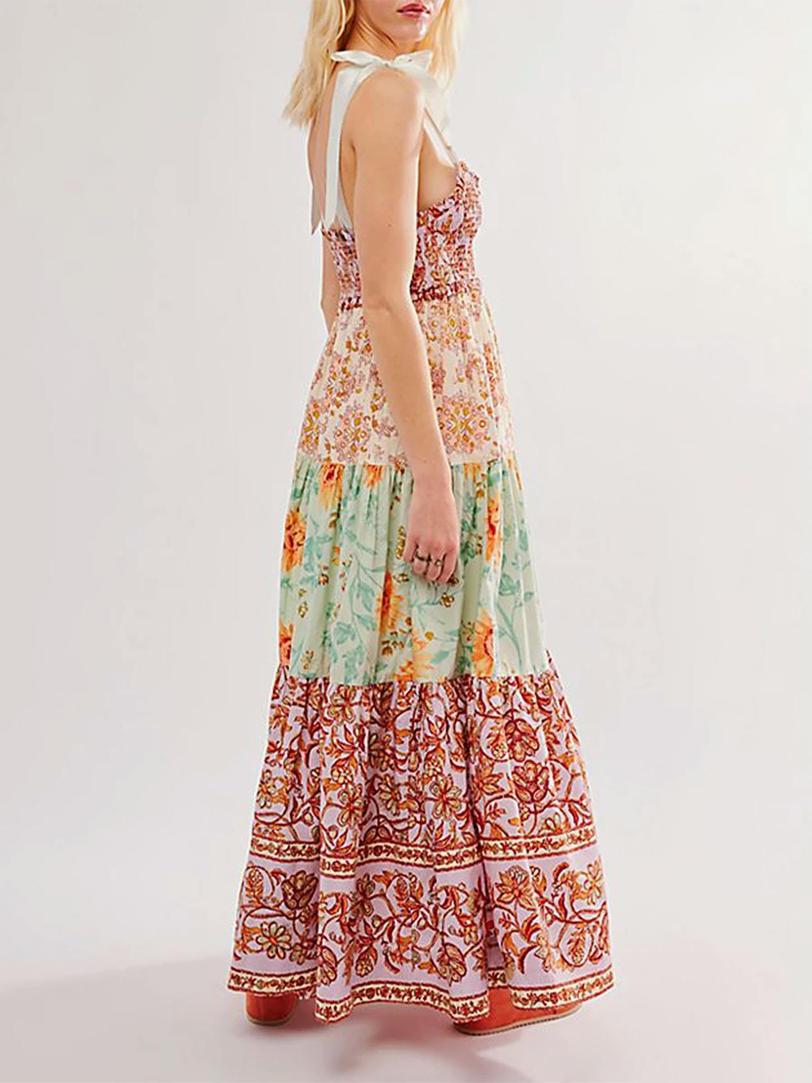 Robe Longue d'été pour Femmes, Bretelles à Nouer, col en V, imprimé Floral, Patchwork, Robe d'été Fluide à Plusieurs Niveaux, Rouge, S