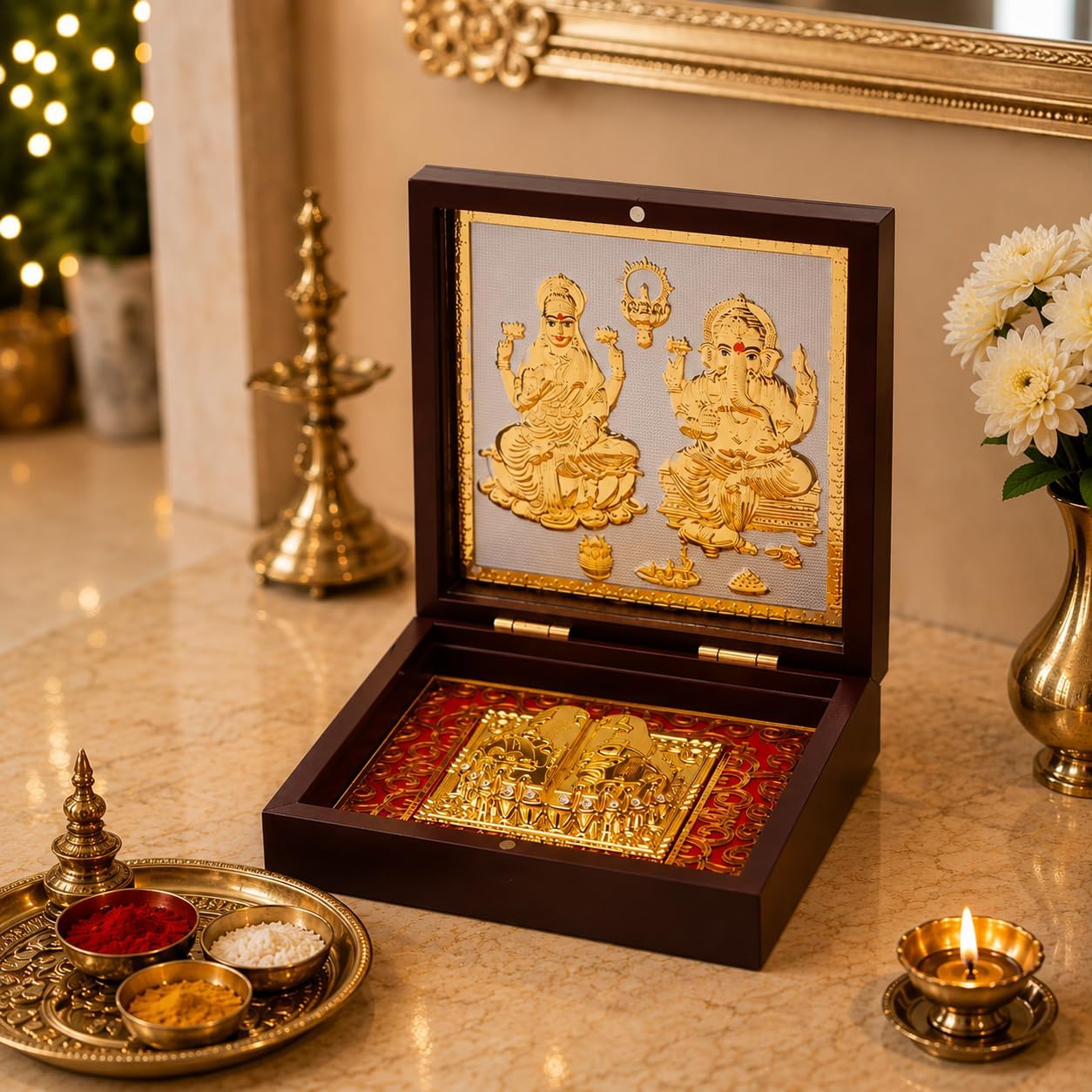 LOVENSPIRE Gold Plated Laxmi Ganesh Photo Frame with Charan Paduka – Spiritual Hindu Idol for Home Temple, Office Decor | Indian Return Gift for Housewarming, Diwali Pooja & Weddings 1 Pc image 2