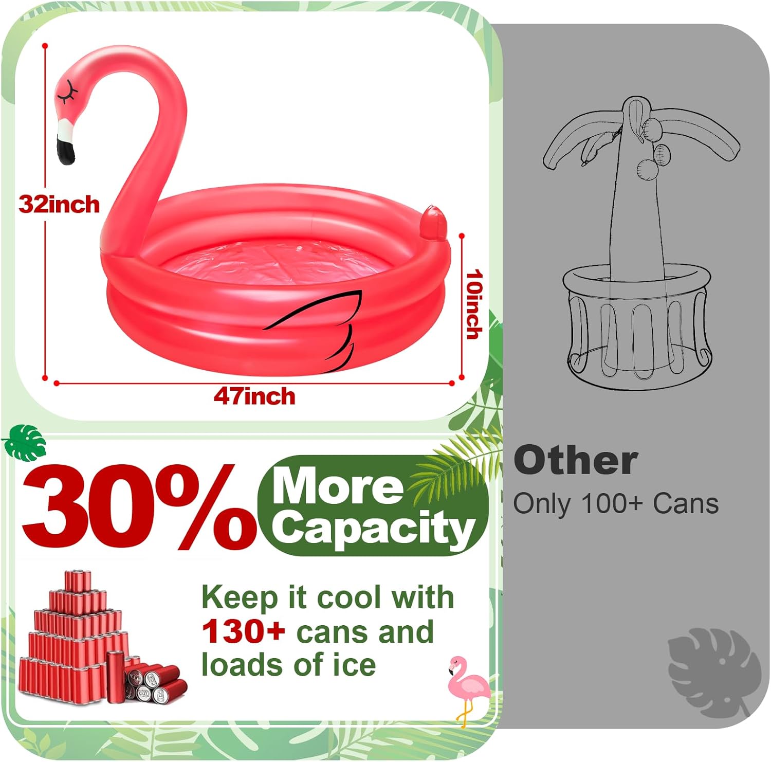 Inflatable Flamingo Cooler 130+ Cans Large Capacity, Bottom Quick-Drain, Luau Party Decor, Flamingo Pool Party Decorations, Beach Hawaiian Birthday Party Supplies Tropical Themed Summer Drink Cooler