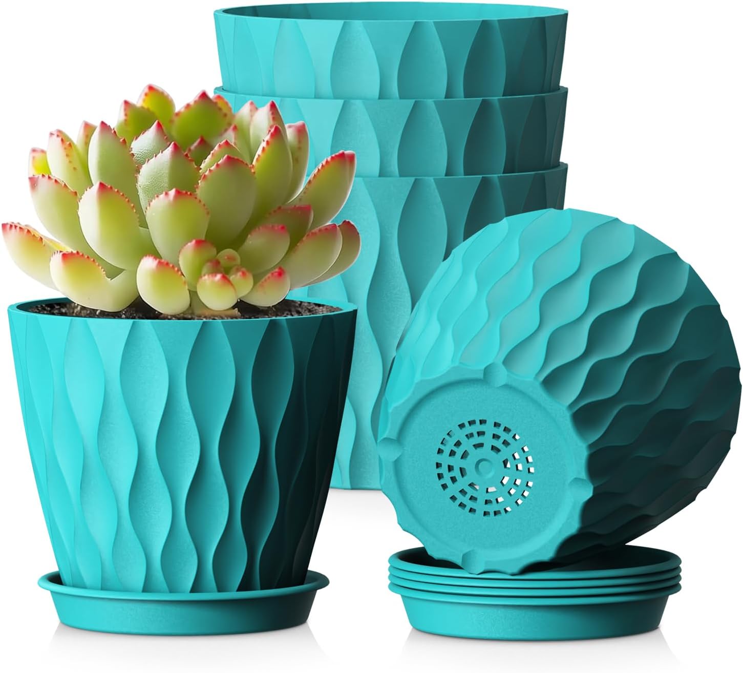 10.2 cm Plant Pots Indoor, 5 Pack Thick Plastic Flower Pots with Drainage Holes & Saucers, 3D Modern Wave Texture, Decorative Nursery Pots for Succulents, Herbs & Small House Plants, Blue Green