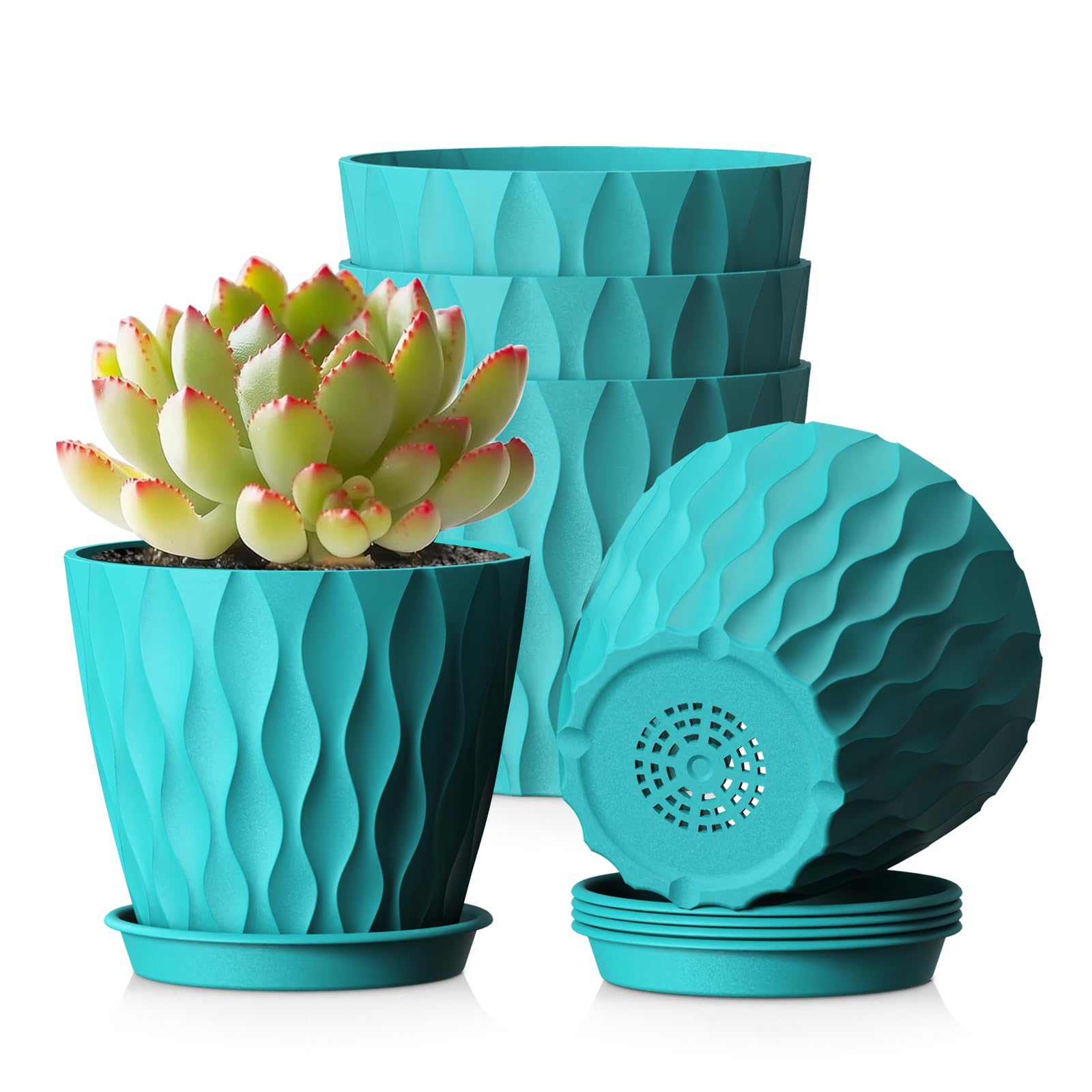 WSMKSZ 10.2 cm Plant Pots Indoor, 5 Pack Thick Plastic Flower Pots with Drainage Holes & Saucers, 3D Modern Wave Texture, Decorative Nursery Pots for Succulents, Herbs & Small House Plants, Blue Green