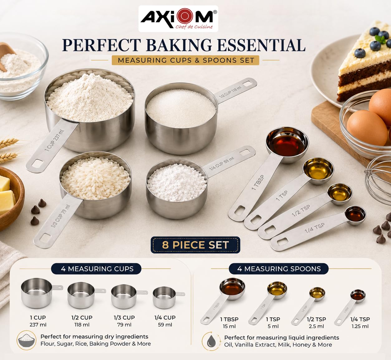 AXIOM Measuring Set of 8 pcs Stainless_Steel Professional Quality for Baking, Cooking, 4 Stackable Measuring Cups and 4 Stackable Measuring Spoons with Measurement Engraving Handle 4