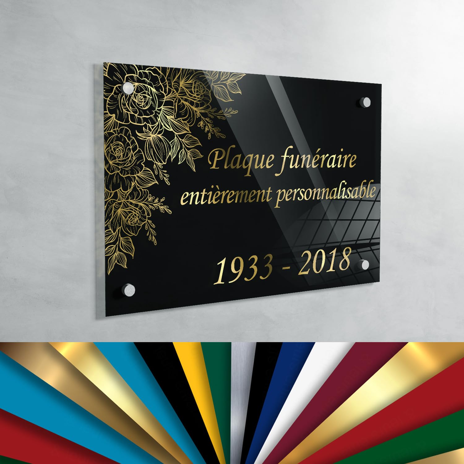 GRAVURE CONCEPT Plaque funéraire personnalisée en Troglass – Stèle Commémorative – Couleur, Motif et Dimensions Personnalisables (Fond Noir - 30 x 40 cm)