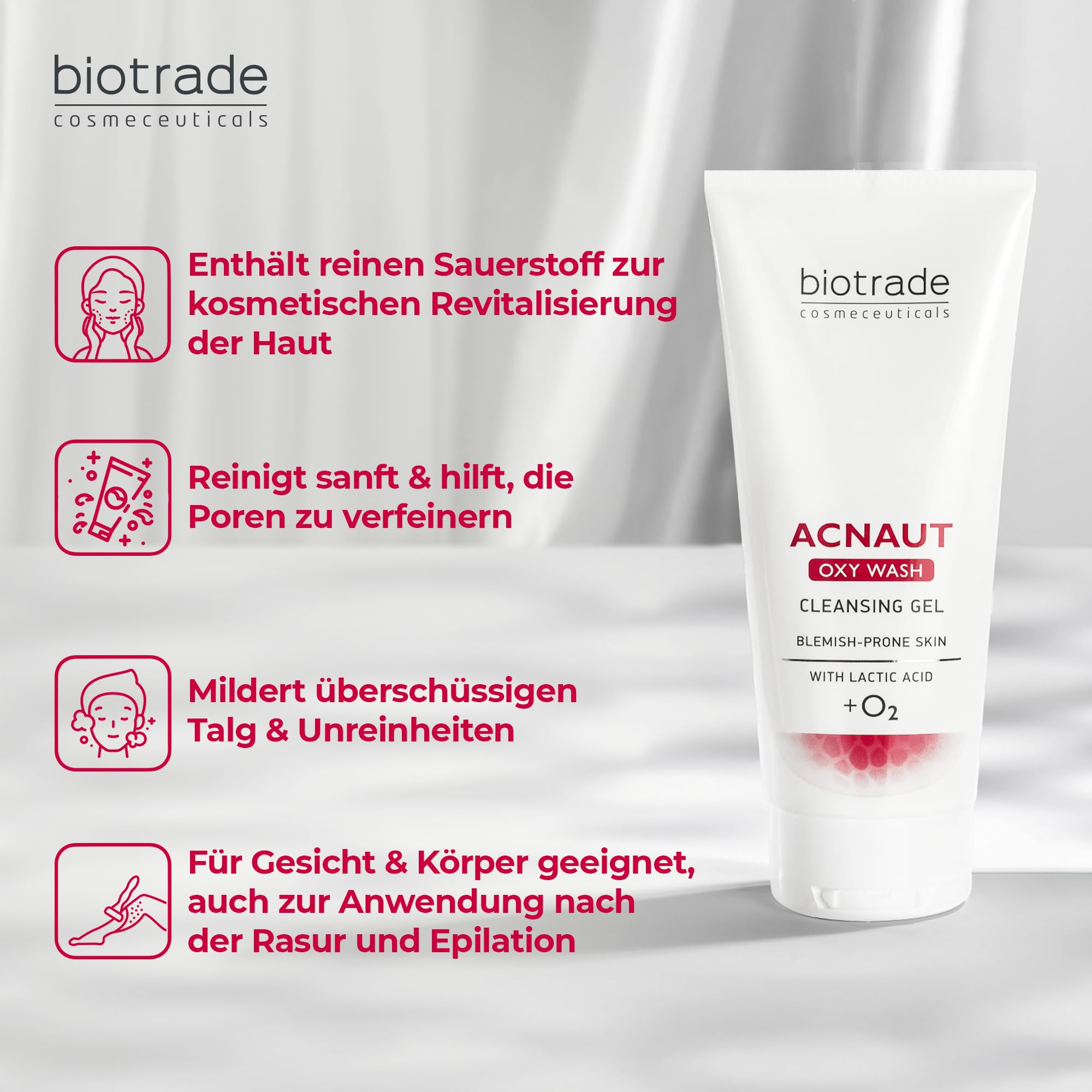 Biotrade Acnaut Oxy Wash Reinigungs-Gel für zu Unreinheiten neigende Haut – Körper- und Gesichtsreiniger mit Milchsäure für Erwachsene & Teenager – Ideal zur Rasur & Haarentfernung – 200 ml