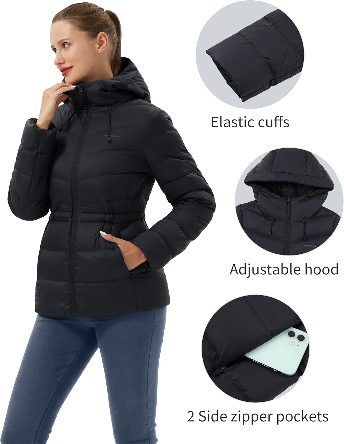 Pioneer Camp Women's Down Puffer Jacket Lightweight Hooded Winter Coat Water Repellent Quilted Fuffy Jacket Outdoor Casual - Image 5