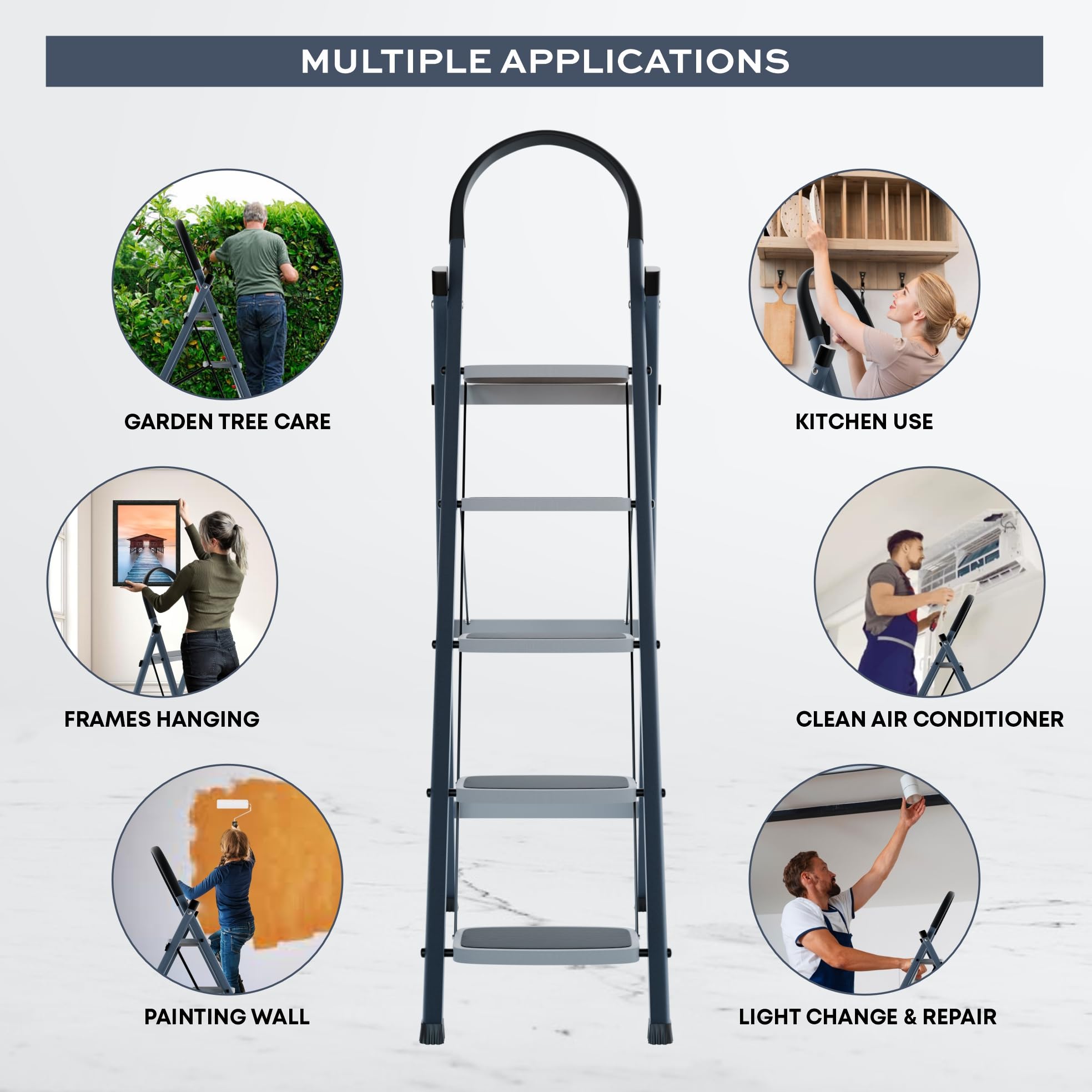 LAPO Folding Ladder for Home & Office | Heavy Duty Steel Step Ladder | 150 kg Load Capacity | 20 x 30 cm Anti-Slip Large Platform | Non-Slip Rubber Feet | 5 Years Warranty | Grey (5 Step) — Amazon image 6