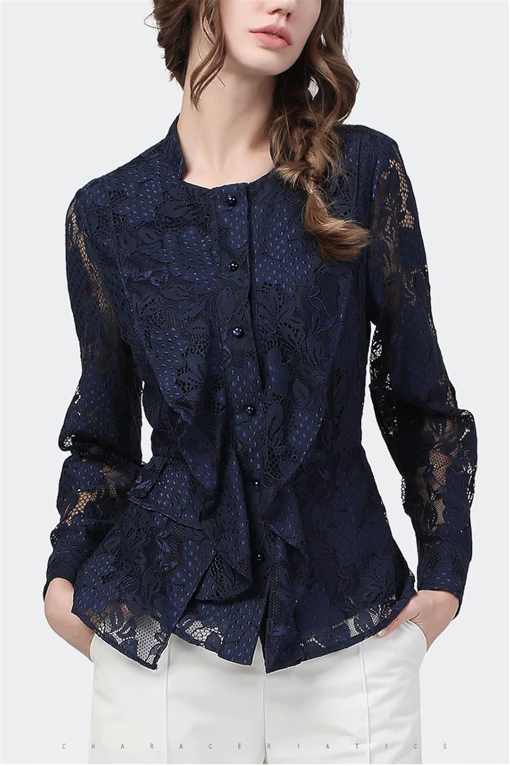 Square Neck Lace Top Women Thin Waist Outwear Hollow Out Floral Blouse Spring Autumn Shirt