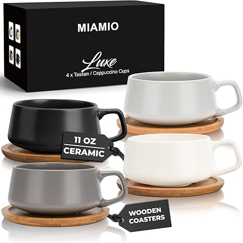 MIAMIO – 11 onzas, juego de 4 tazas de té de cerámica y platillo de bambú/taza de té - Taza ancha de capuchino, tazas de café de cerámica para