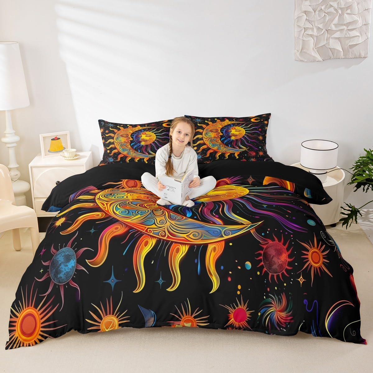jejeloiu Boys Girls Boho Exotic Comforter Cover Toddler Size, Sun and Moon Duvet Cover Kids Bohemian Bedding Set for Galaxy Teens Bedroom Decor Soft Quilt Cover 2Pcs (No Comforter)
