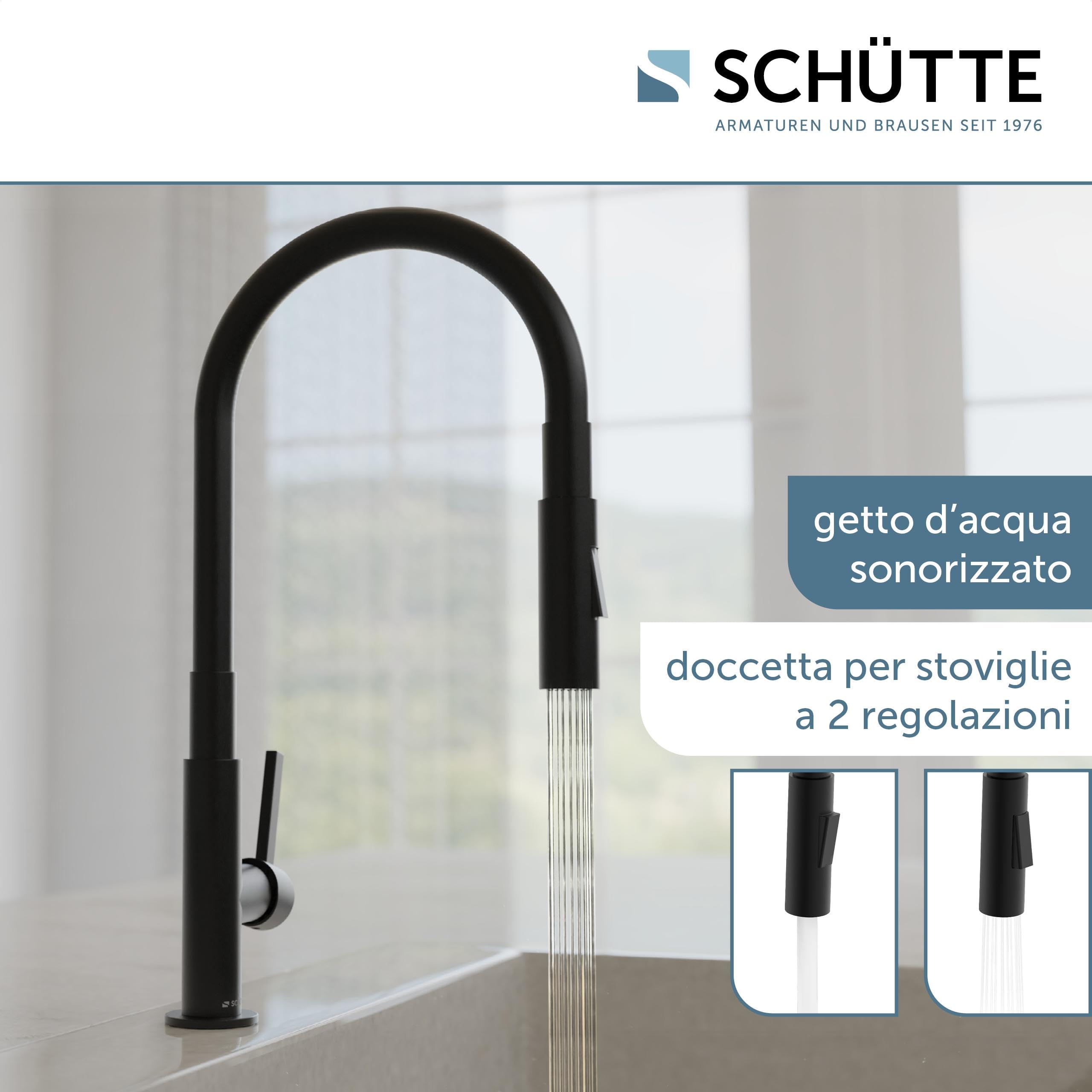 SCHÜTTE GLASGOW 79586 - Rubinetto flessibile per lavello con funzione Eco-Click, rubinetto da cucina, rubinetto nero, beccuccio con tubo soft touch, girevole a 360 gradi, rubinetto cucina