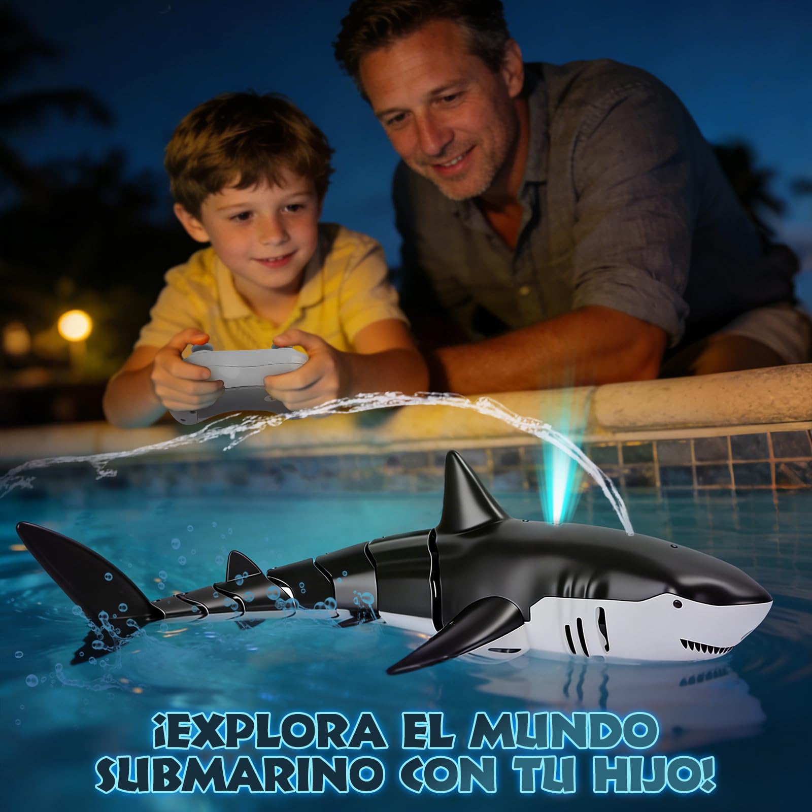 YOOHBERRYS Tiburón teledirigido, juguete de tiburón de 2,4 GHz, barco de tiburón teledirigido con función de pulverización de luz y agua, juguete de piscina regalo para niños de 6 años (negro)