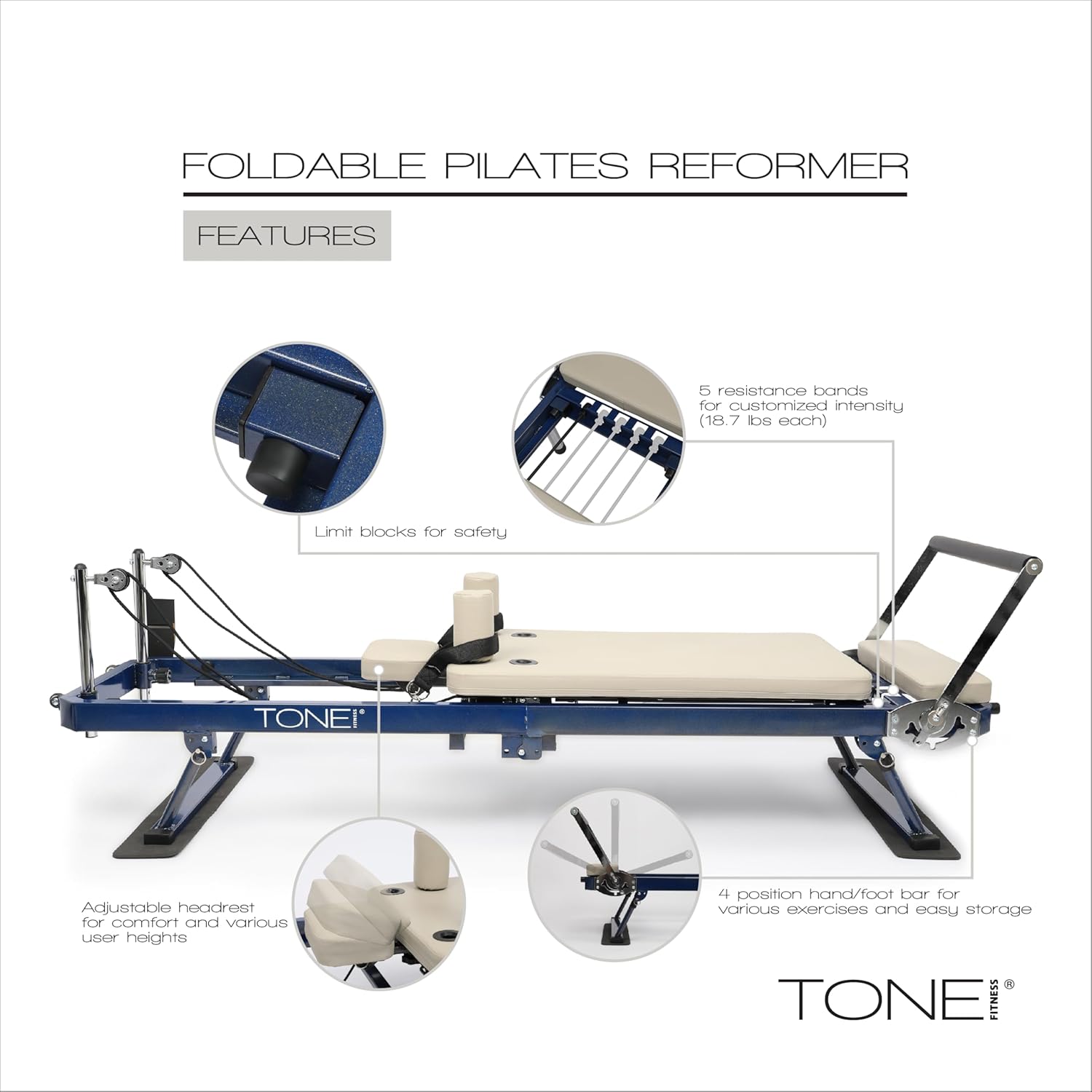Tone Fitness Foldable Pilates Reformer – Portable Pilates Machine with Adjustable Resistance Bands, Smooth Glide Carriage & Full-Body at-Home Pilates Workout Equipment - Image 3