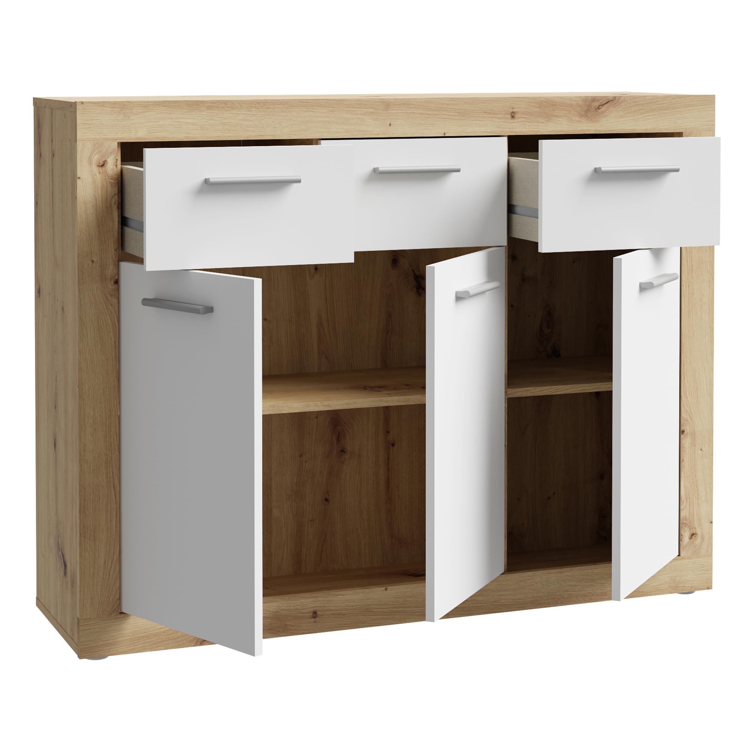 Forte BACCIO Kommode 110 120, Moderne Kommode für Wohn-/Schlafzimmer, 3-türig, 3 Schubladen, Holzwerkstoff, Artisan Eiche Holzdekor|Weiß, 117,9 cm breit x 91,5 cm hoch x 34 cm tief