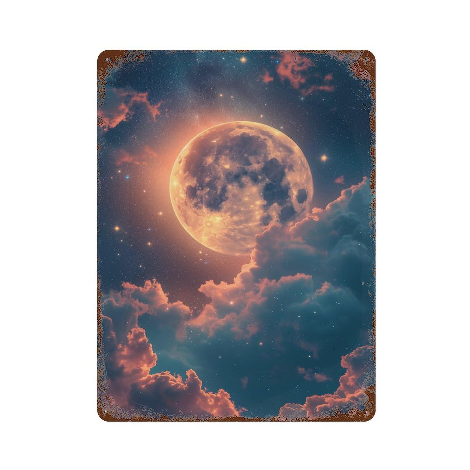 Rust Effect Moonlit Sky Dream Rustic Tin Plaque 15.7"x11.8", Industrial Home Decor for Bistro, Counter And Cafe Decor