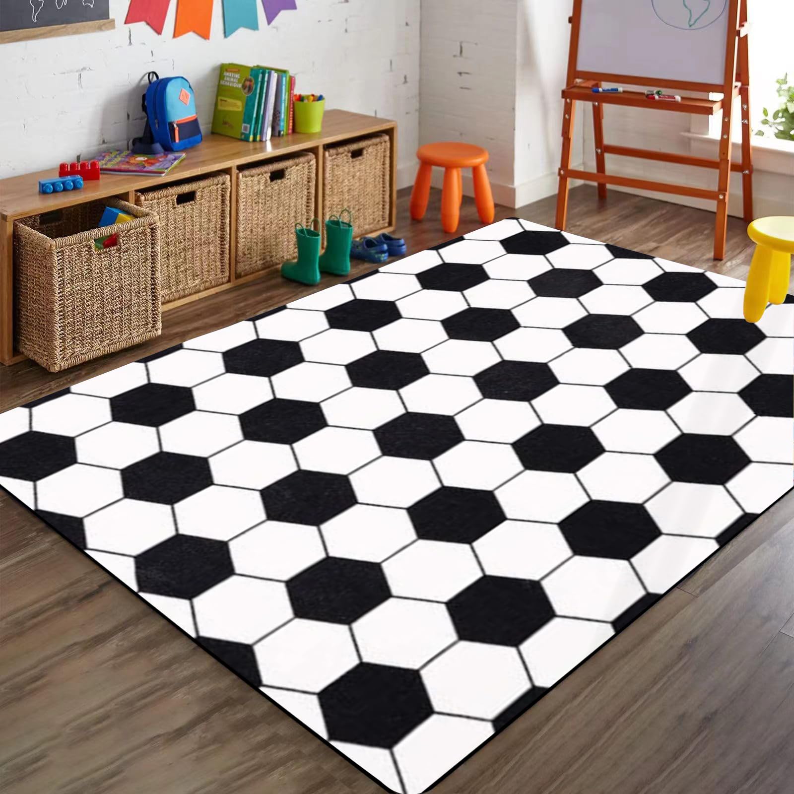 Bycmuoz Soccer Rugs for Boys Rooms, 160x200cm, Sports-Themed Geometric Area Rugs, Durable Low Pile Shed Resistant Durable Carpet, with Non Slip Backing Foldable Mats for Patio Hallway Porch
