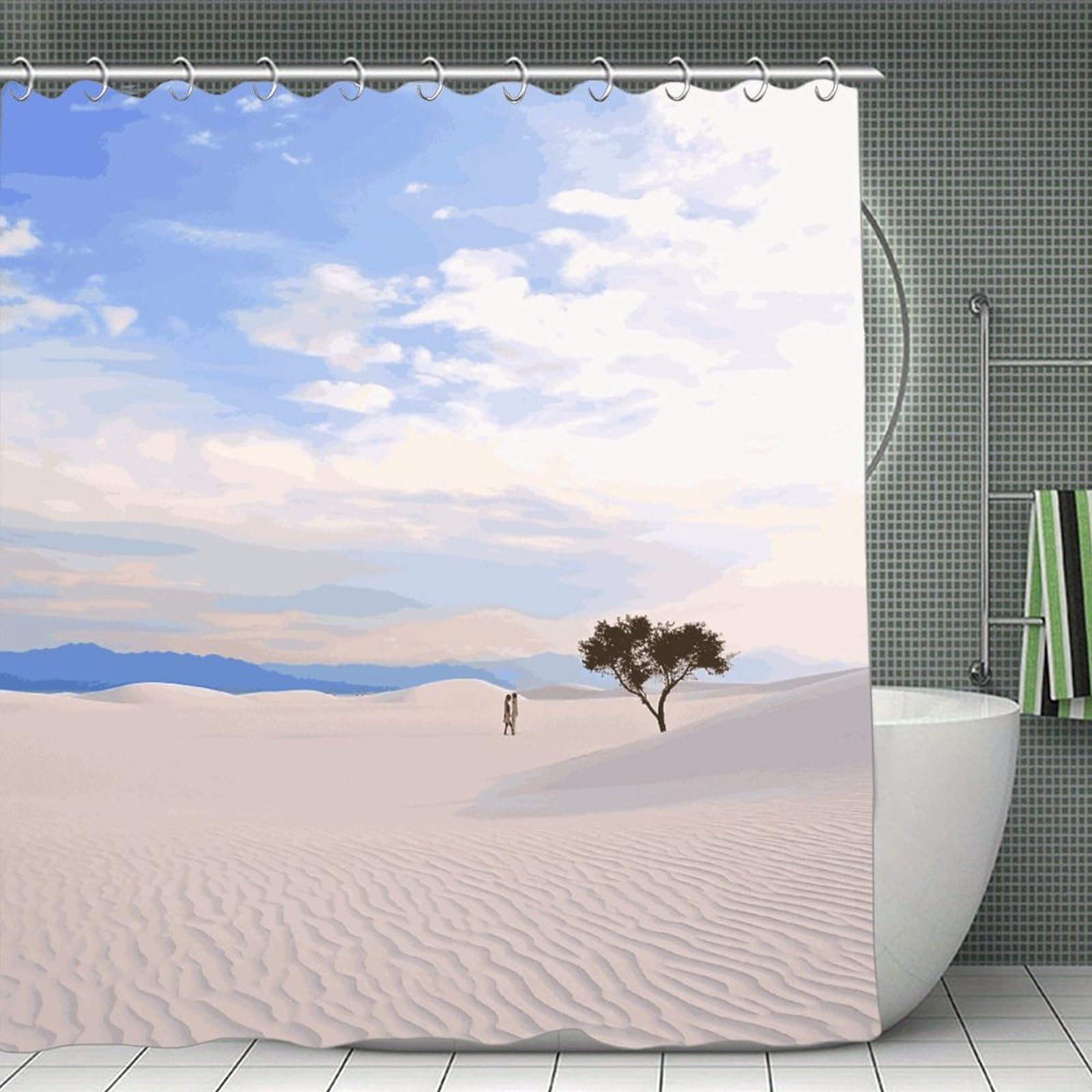 FekiLoot Romantic White Sand Landscape Shower Curtain Minimalist Thick Bathroom Curtain Washable Modern Bathroom Shower Curtain Heavy Duty Waterproof Cloth Bath Curtain with Hooks 70.8"x70.8"